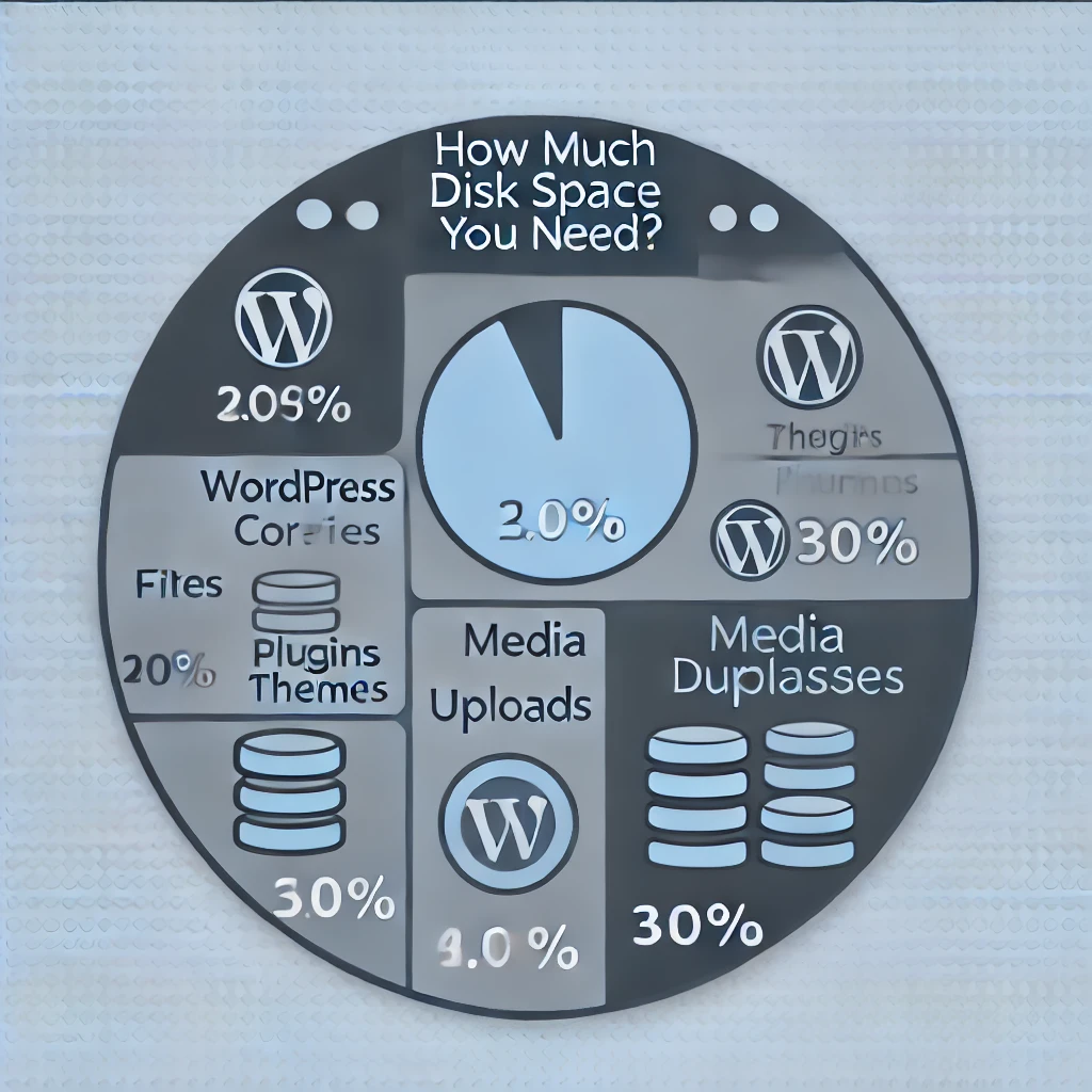 A detailed and visually clear illustration for the section 'How Much Disk Space Do You Need?' showing a breakdown of disk space usage in a typical WordPress site. The image should include icons representing WordPress core files, plugins, themes, media uploads, and databases, with labels and percentages or sizes next to each. The design should use a clean and modern style with shades of blue, grey, and white, making the information easily digestible.